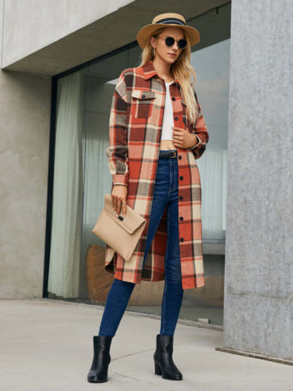 Autumn-Winter Plaid Collared Mid-Length Shacket for Everyday Wear Plaid Shackets - Chuzko Women Clothing