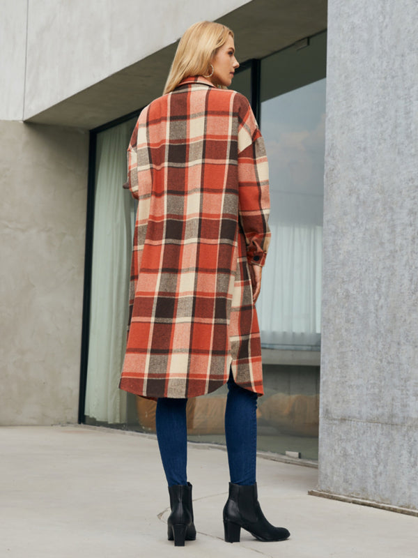 Autumn-Winter Plaid Collared Mid-Length Shacket for Everyday Wear Plaid Shackets - Chuzko Women Clothing