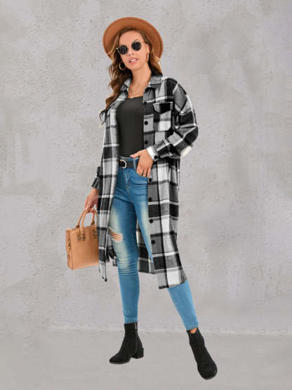 Autumn-Winter Plaid Collared Mid-Length Shacket for Everyday Wear Plaid Shackets - Chuzko Women Clothing