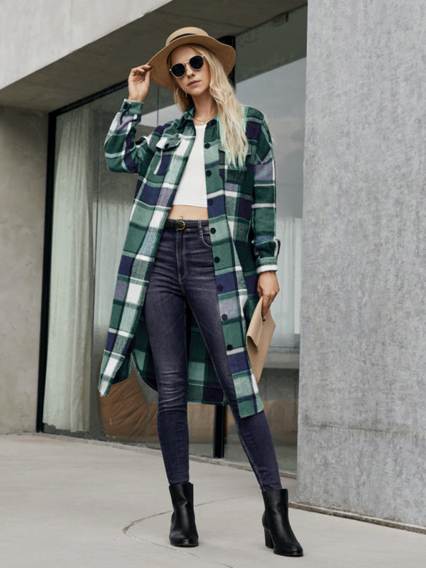 Autumn-Winter Plaid Collared Mid-Length Shacket for Everyday Wear Plaid Shackets - Chuzko Women Clothing