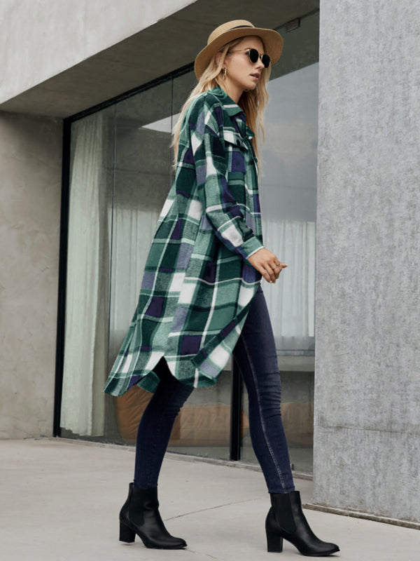 Autumn-Winter Plaid Collared Mid-Length Shacket for Everyday Wear Plaid Shackets - Chuzko Women Clothing