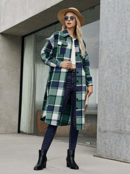 Autumn-Winter Plaid Collared Mid-Length Shacket for Everyday Wear Plaid Shackets - Chuzko Women Clothing