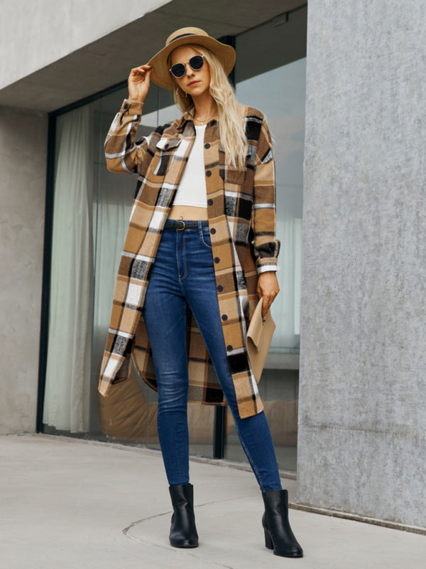 Autumn-Winter Plaid Collared Mid-Length Shacket for Everyday Wear Plaid Shackets - Chuzko Women Clothing