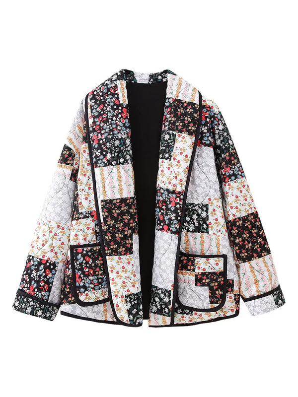 Oversized Floral Print and Contrast Binding Shawl Lapel Quilted Jacket Quilted Jackets - Chuzko Women Clothing