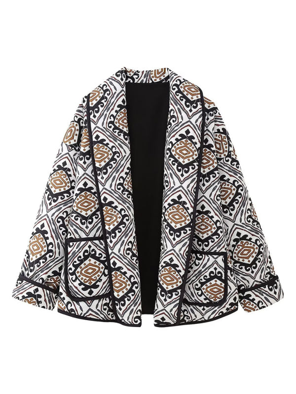 Oversized Floral Print and Contrast Binding Shawl Lapel Quilted Jacket Quilted Jackets - Chuzko Women Clothing