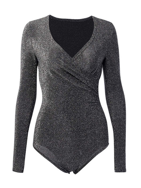 Evening Sparkle Glamour Long Sleeve Glitter Surplice V-Neck Bodysuit Sparkly Tops - Chuzko Women Clothing