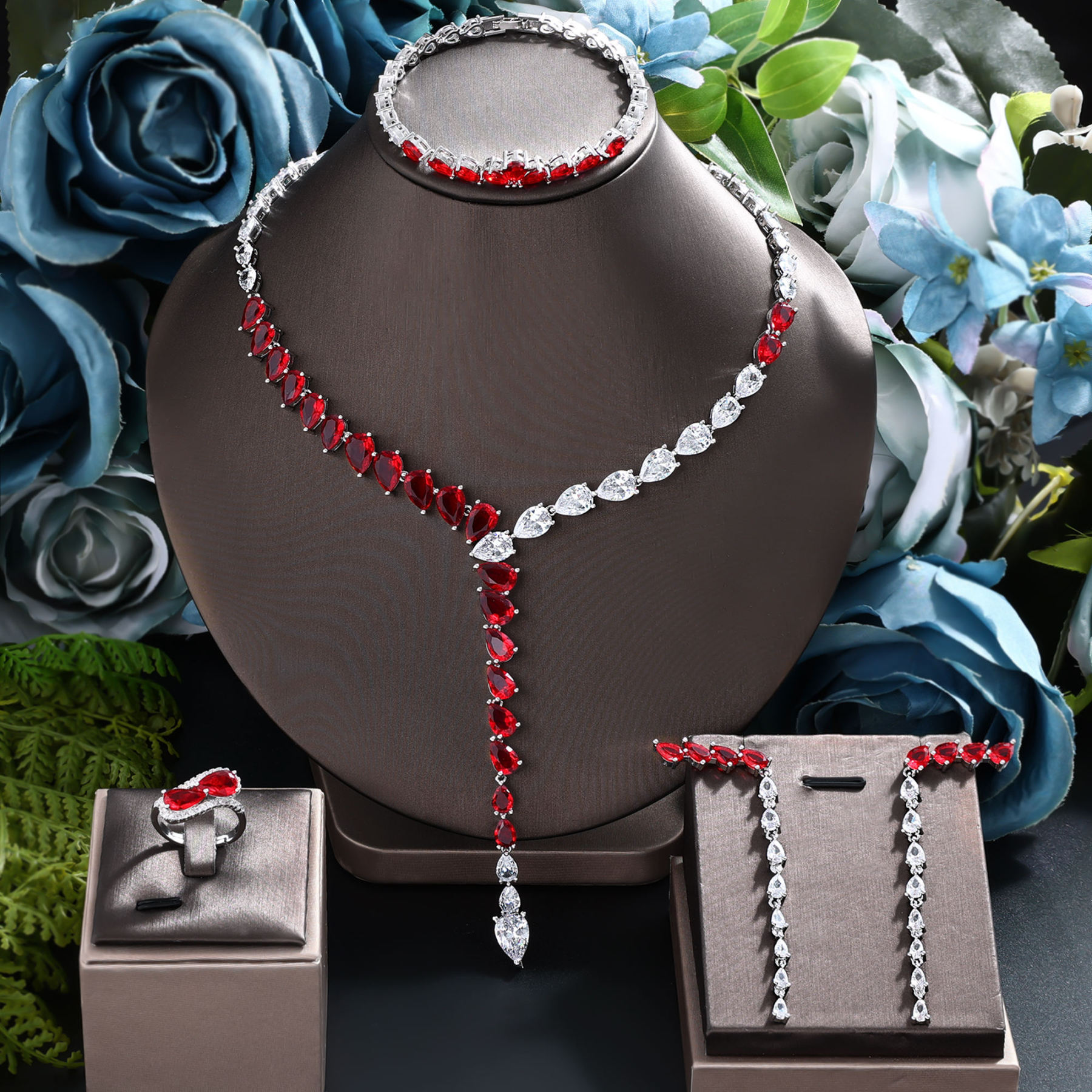 Four-Piece Set Of Shining Zircon Necklace Earrings Ring and Bracelet