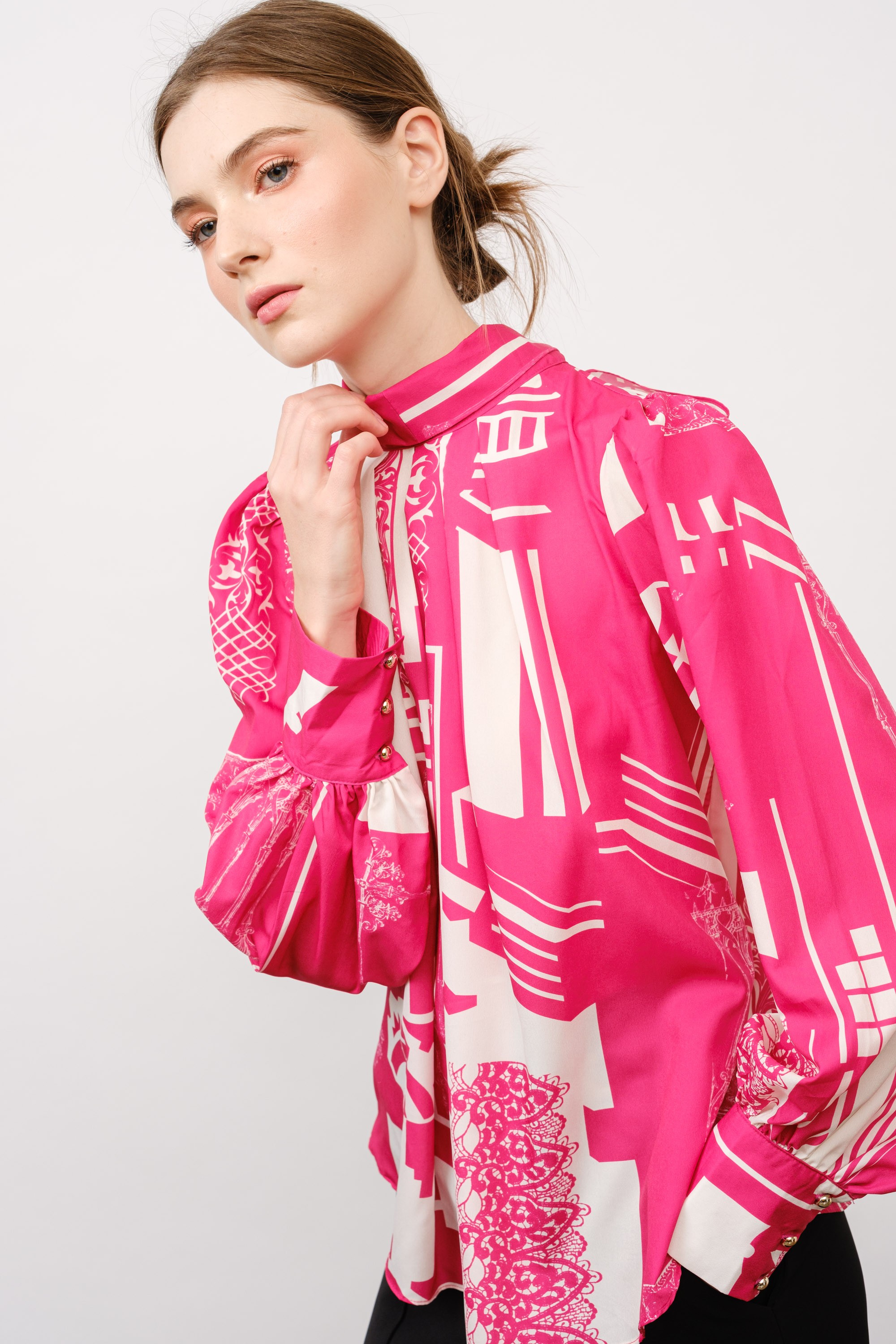 Long Puff Sleeve Abstract Print Bow Detail Blouse #23672957