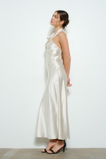 Satin Sleeveless Knot-drape Halter Maxi Dress #23600574