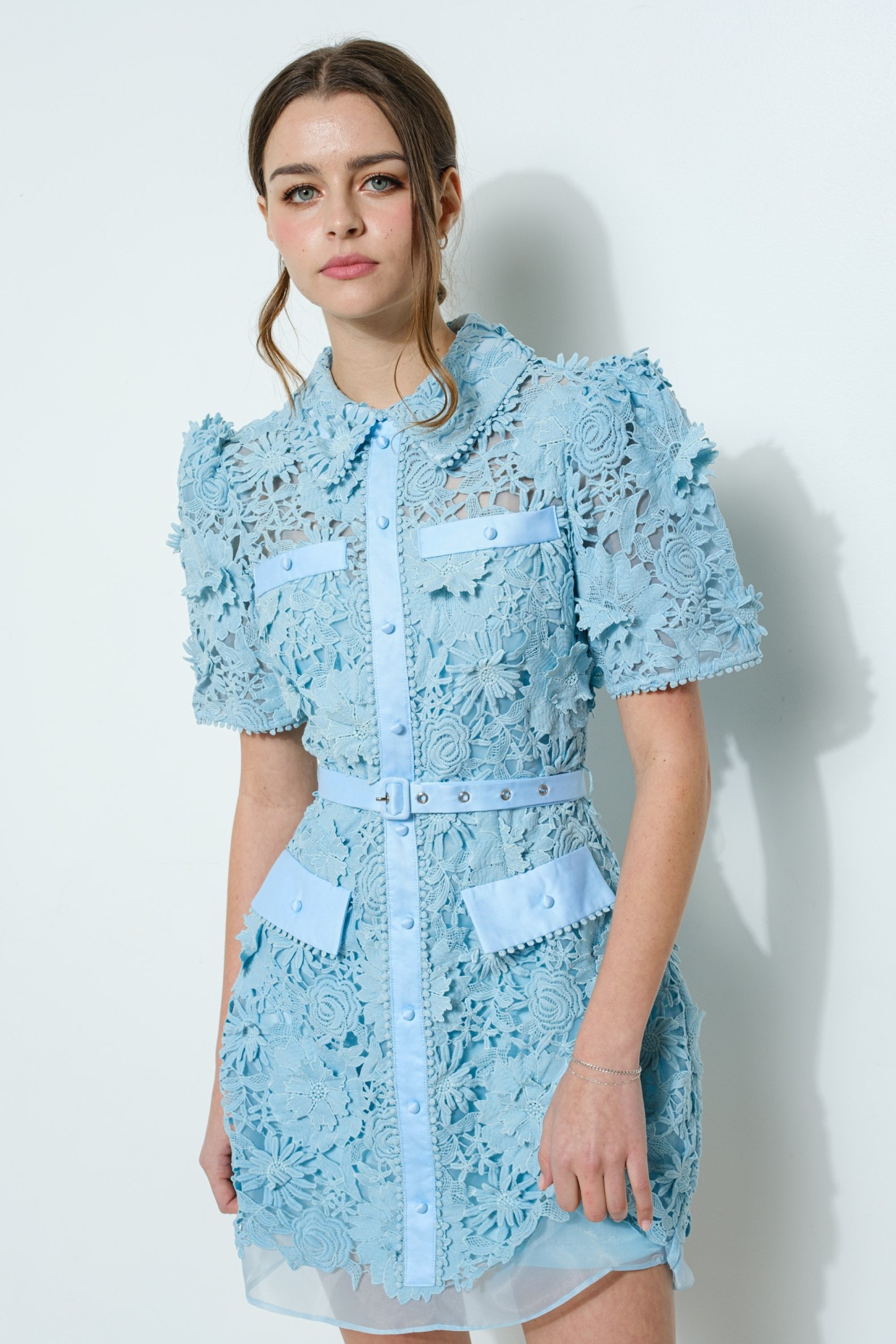 Short Puff Sleeve Floral Lace Belted Mini Dress #23642768