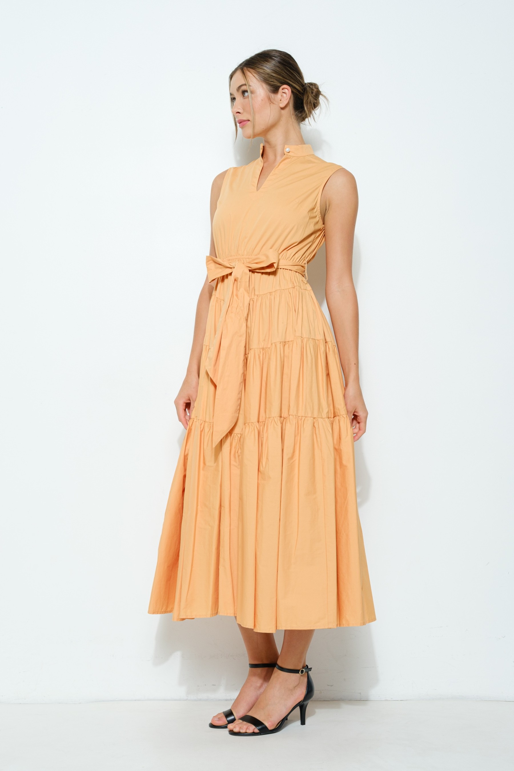 Cotton Sleeveless Tiered Self-tie Belt Midi Dress #23524714