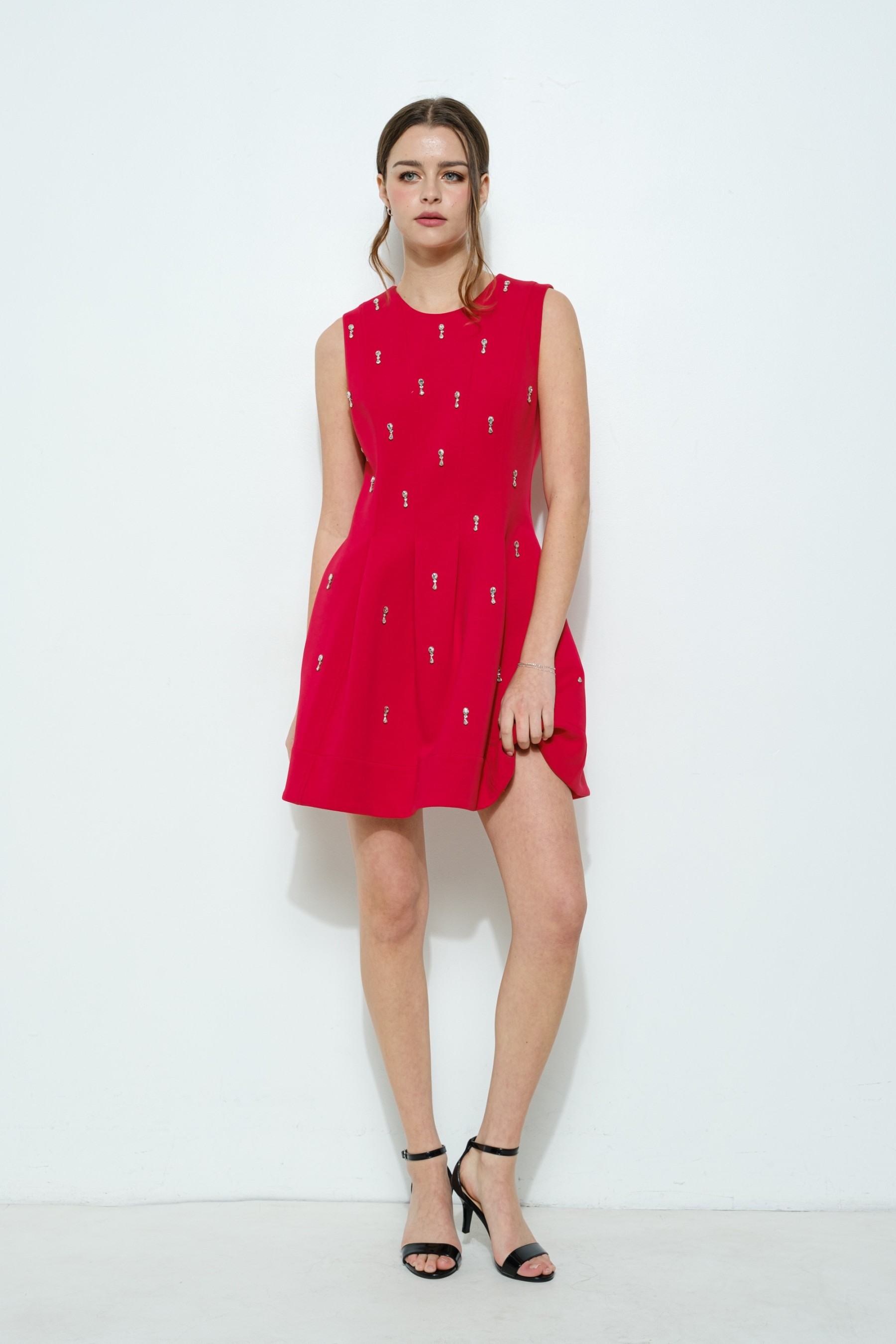 Crystal Embellished Pintuck Mini Dress #23570951