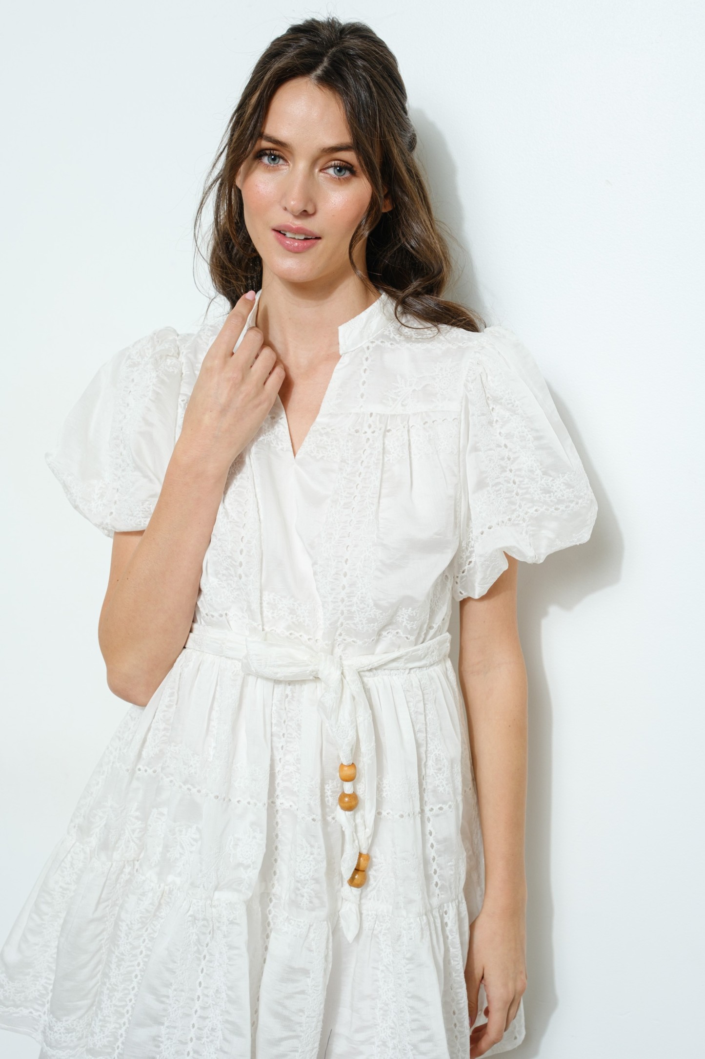 Embroidered Short Puff Sleeve Mini Dress #23699337