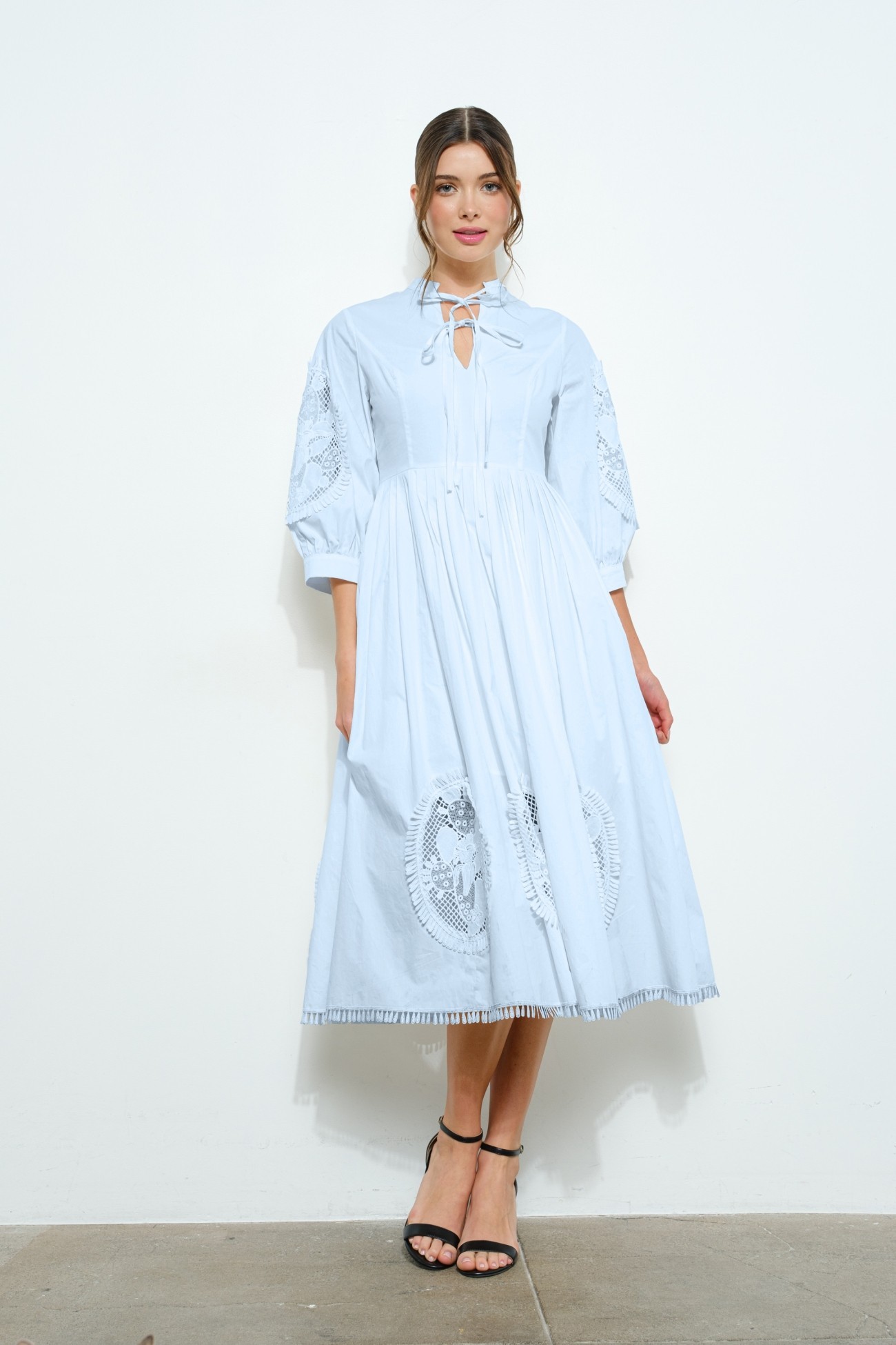 Cotton Lace Embroidered Balloon Sleeve Midi Dress #23536932