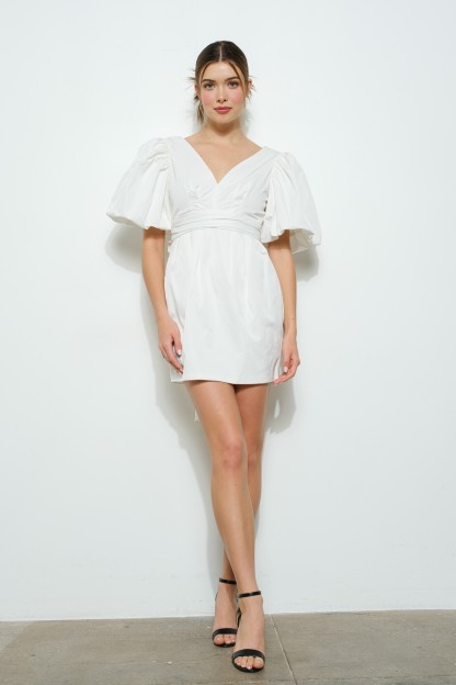 Short Puff Sleeve Open Back Bow Mini Dress #23578428