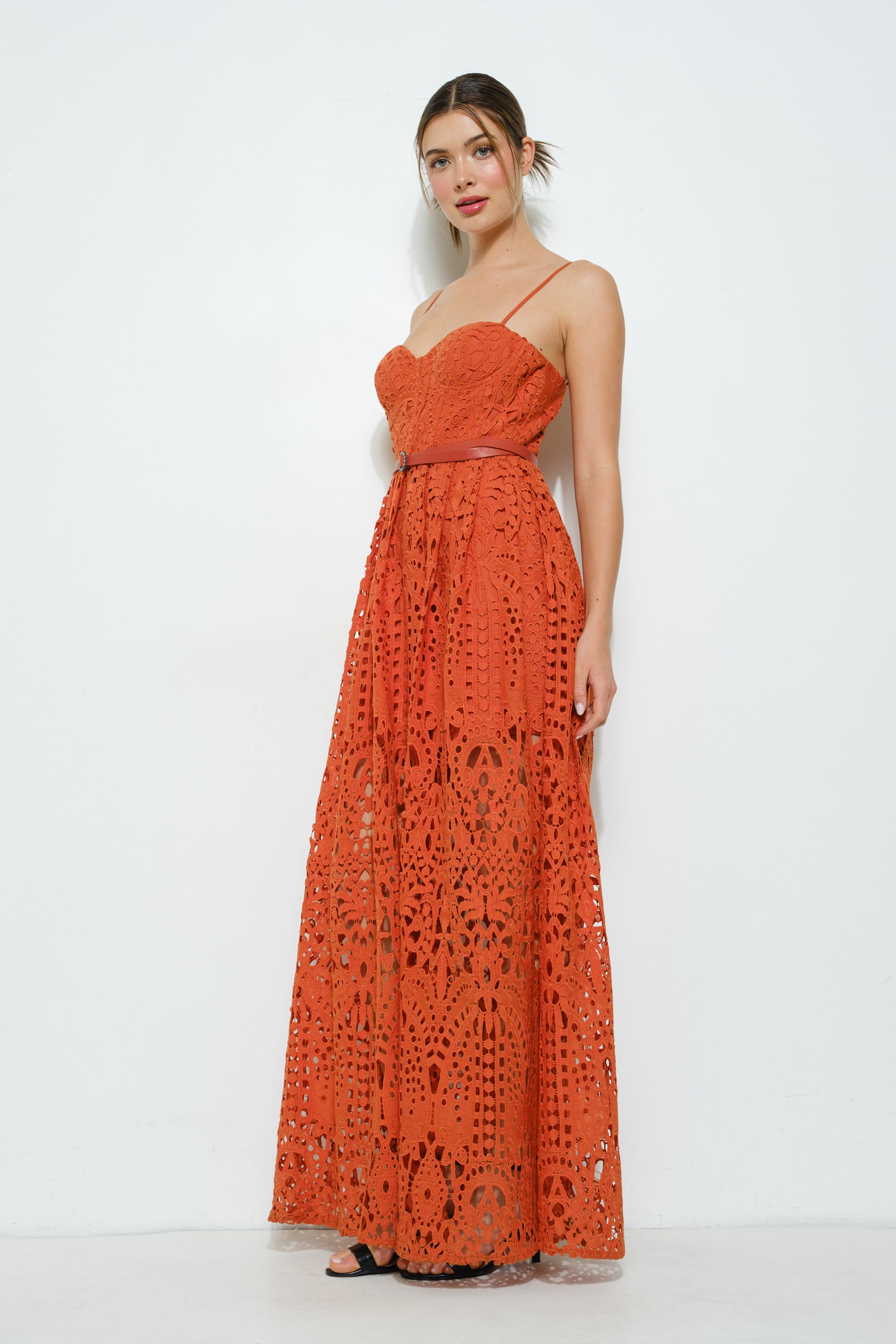 Lace Maxi Spaghetti Strap Dress With Belt #23699948