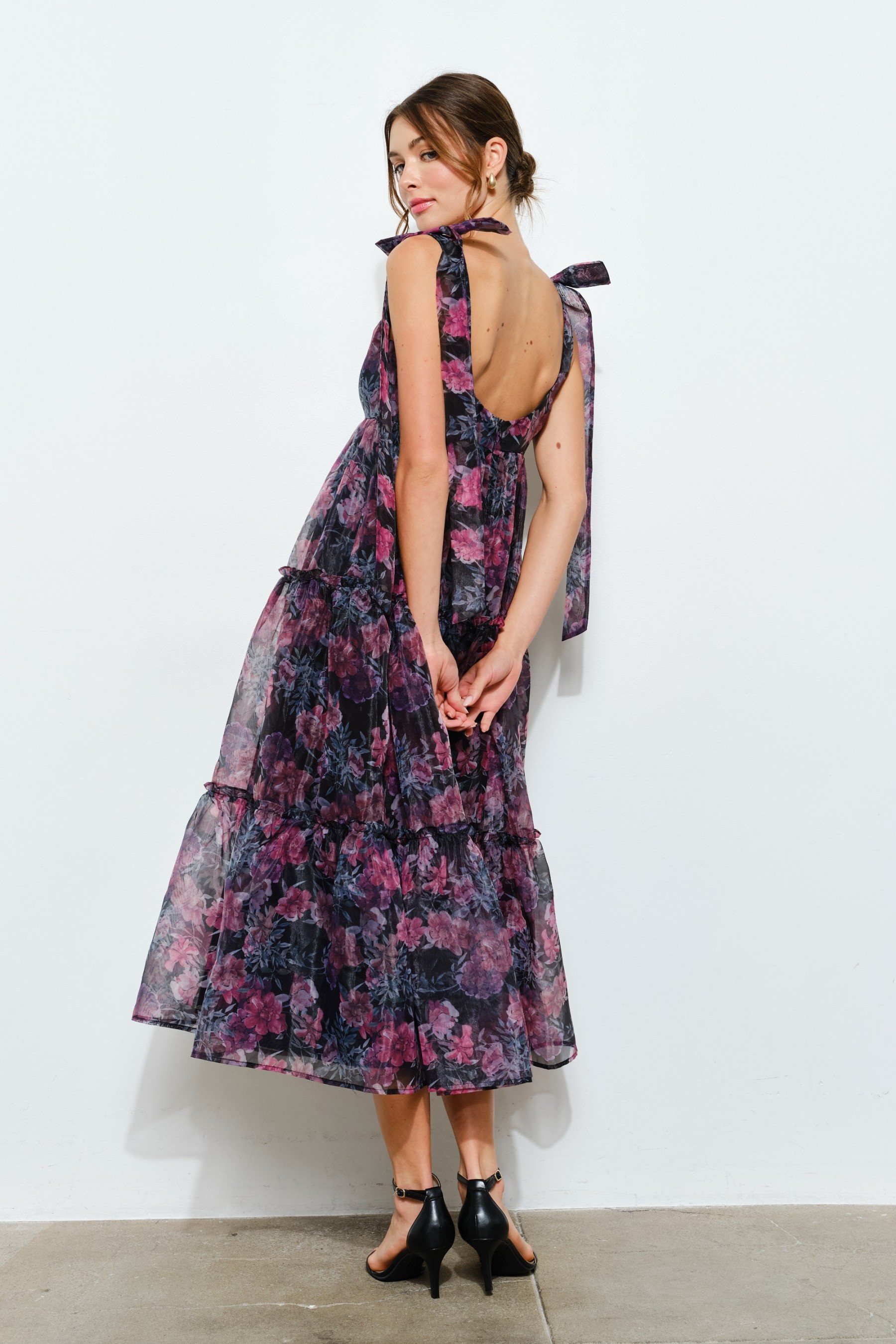 Organza Floral Printed Tiered Midi Dress #23591750
