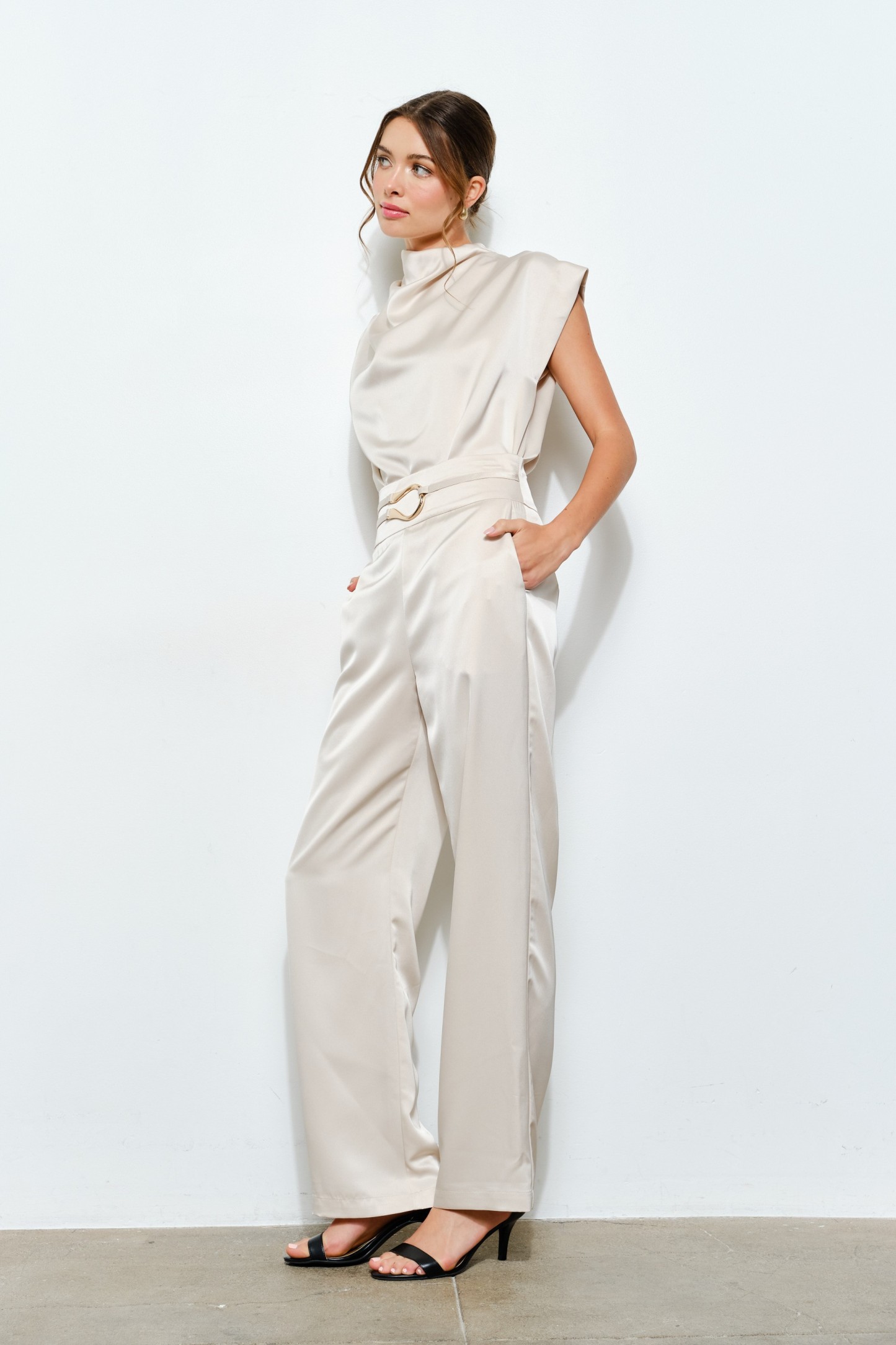Satin Wide-leg Pants With Metal-accent Belt #23691199