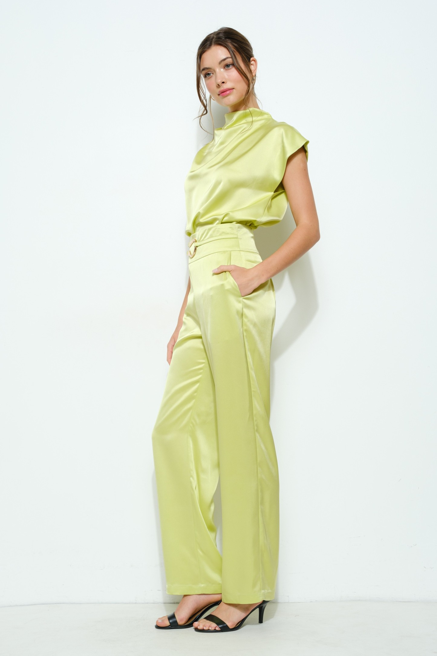 Satin Draped High-neck Cap-sleeve Top #23691171