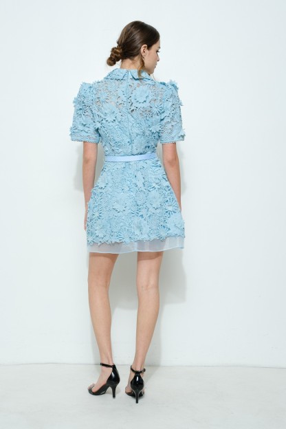 Short Puff Sleeve Floral Lace Belted Mini Dress #23642768