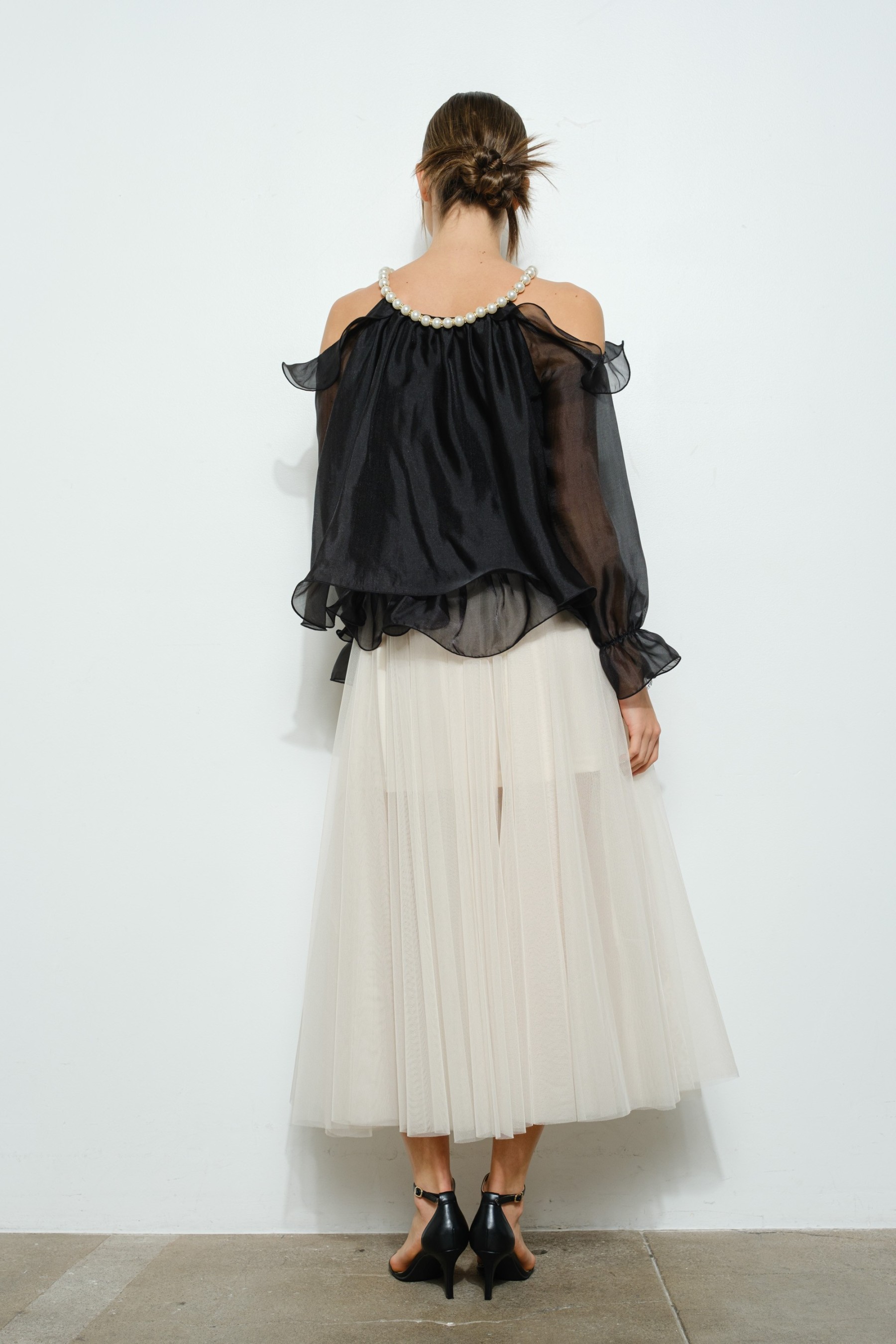 Off-shoulder Pearl Accent Organza Ruffle Blouse #23509052