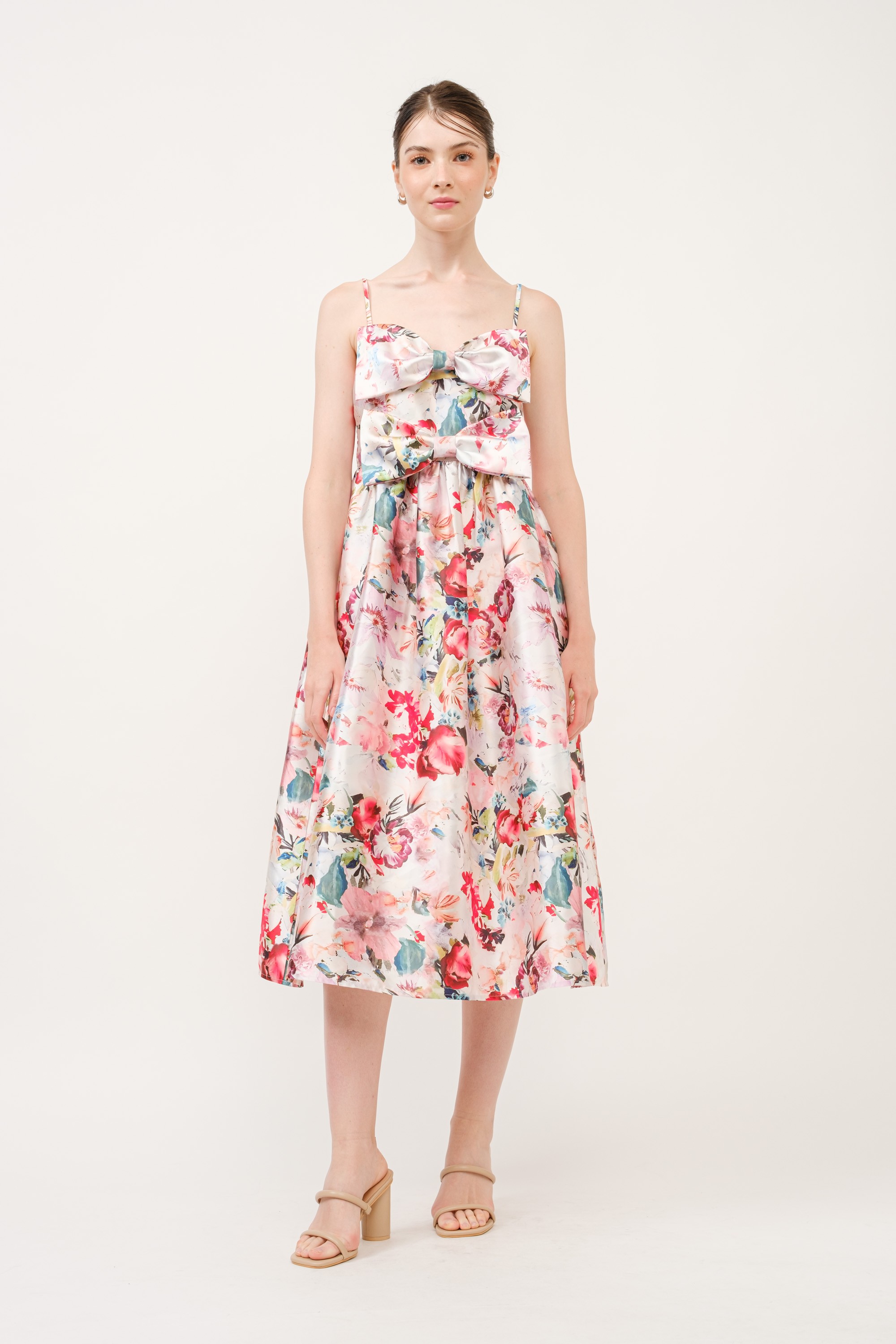 Floral Print Satin Bow Detail Midi Dress #23700092