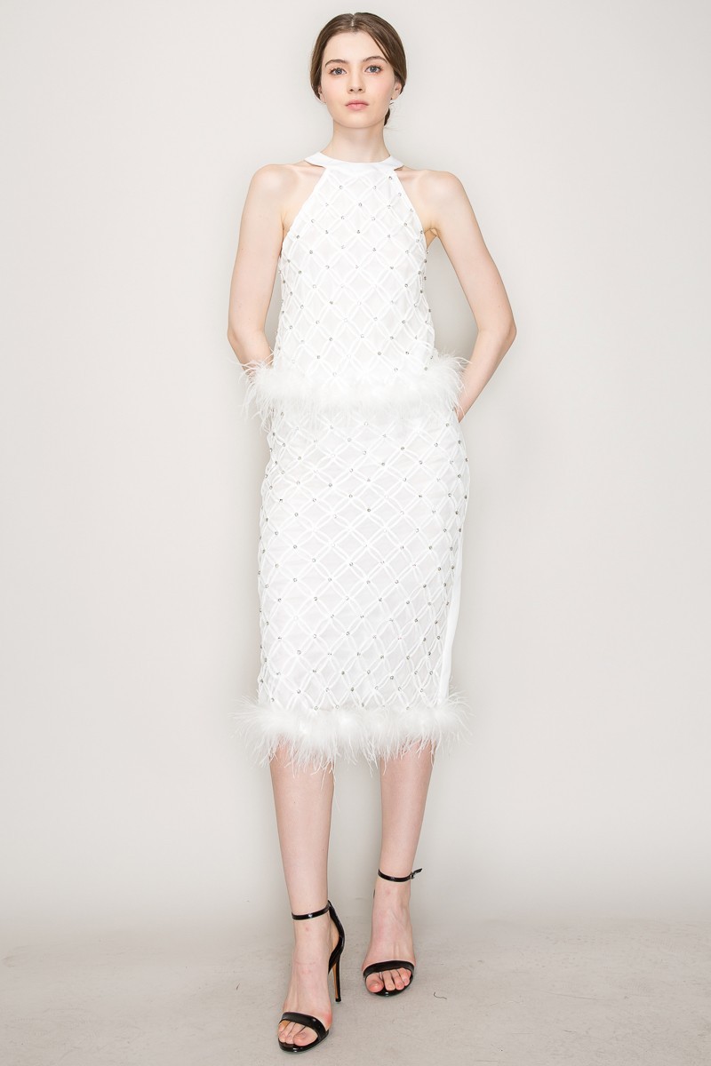 Rhinestone Feather Trimmed Chocker Neck Top #23125528