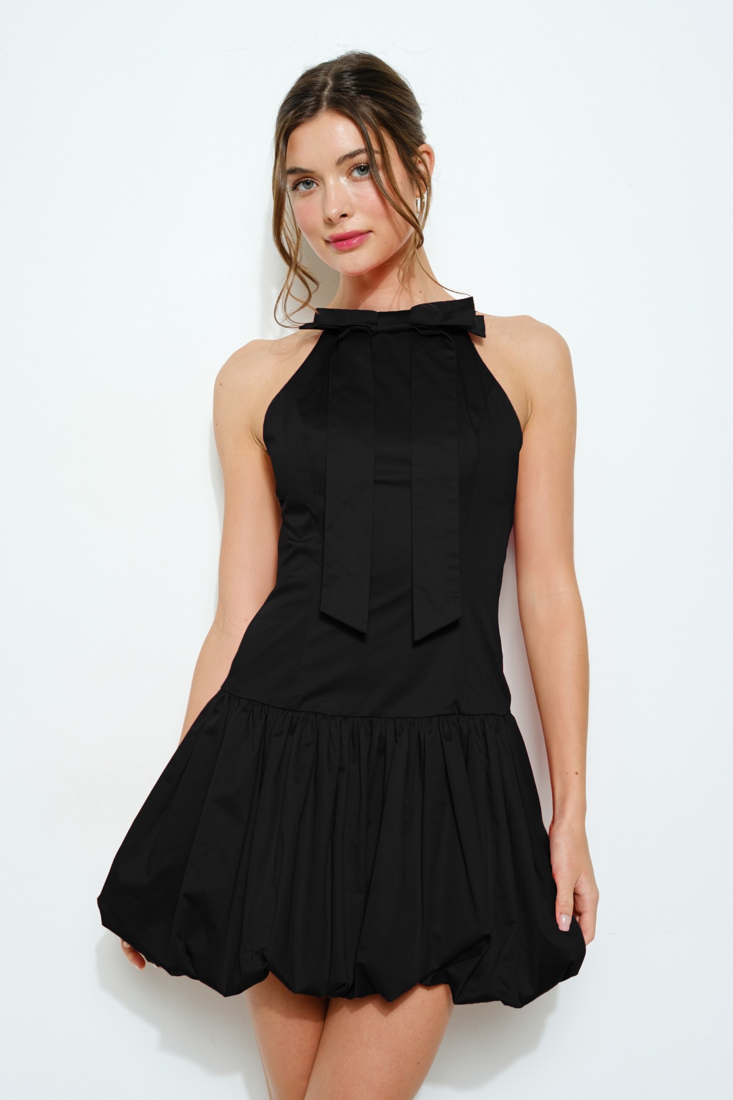 Sleeveless Bow Neck Bubble Hem Mini Dress #23705132