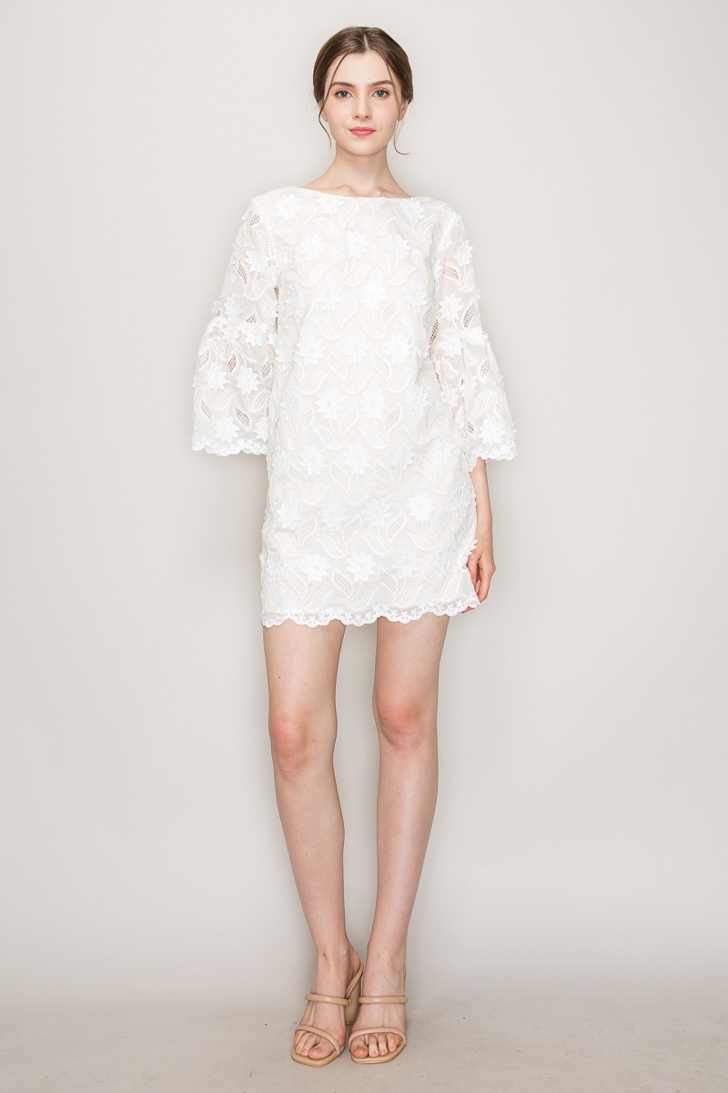 Floral Lace Three Quarter Sleeves Mini Dress #23527447