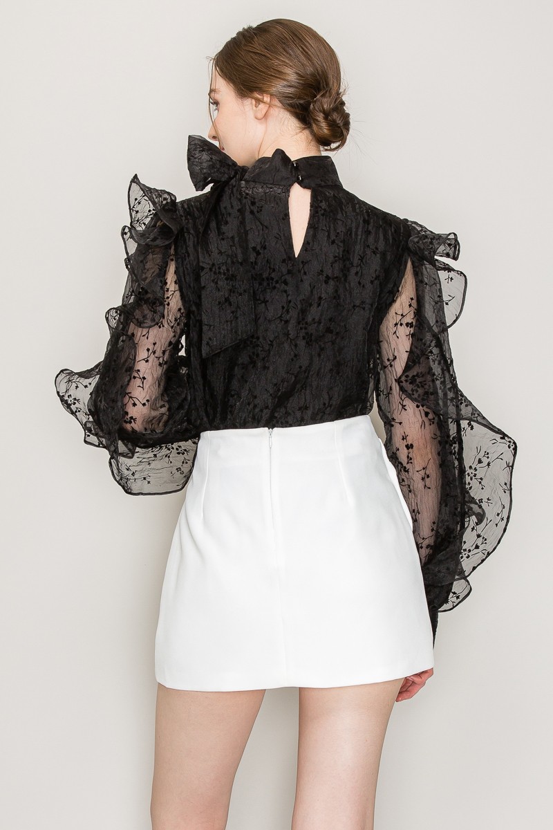 High Neck Long Sleeve Floral Print Frilled Blouse #22436221