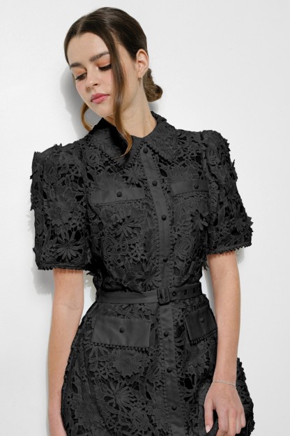 Short Puff Sleeve Floral Lace Belted Mini Dress #23642768