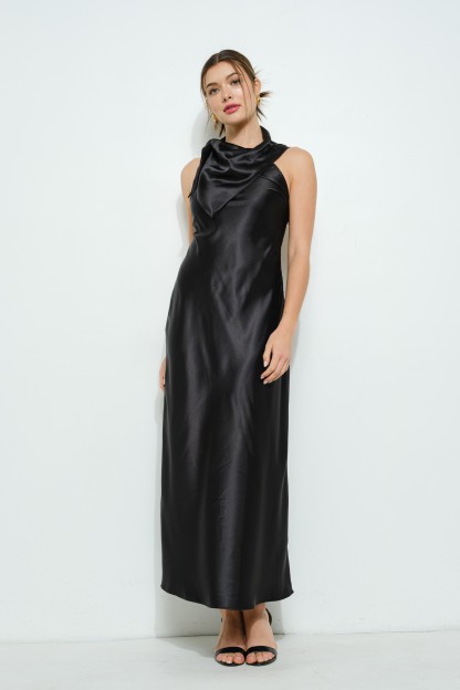 Satin Sleeveless Knot-drape Halter Maxi Dress #23600574