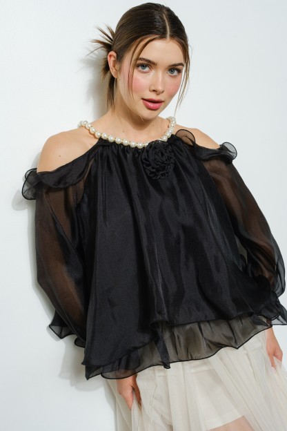 Off-shoulder Pearl Accent Organza Ruffle Blouse #23509052