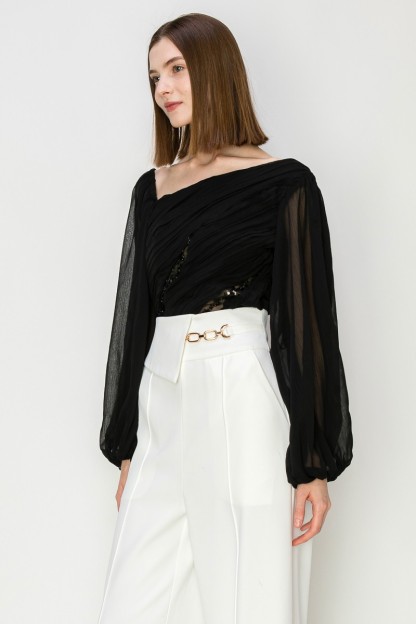 Chiffone Lace See-Through Pleated Balloon Sleeves Blouse #21984810