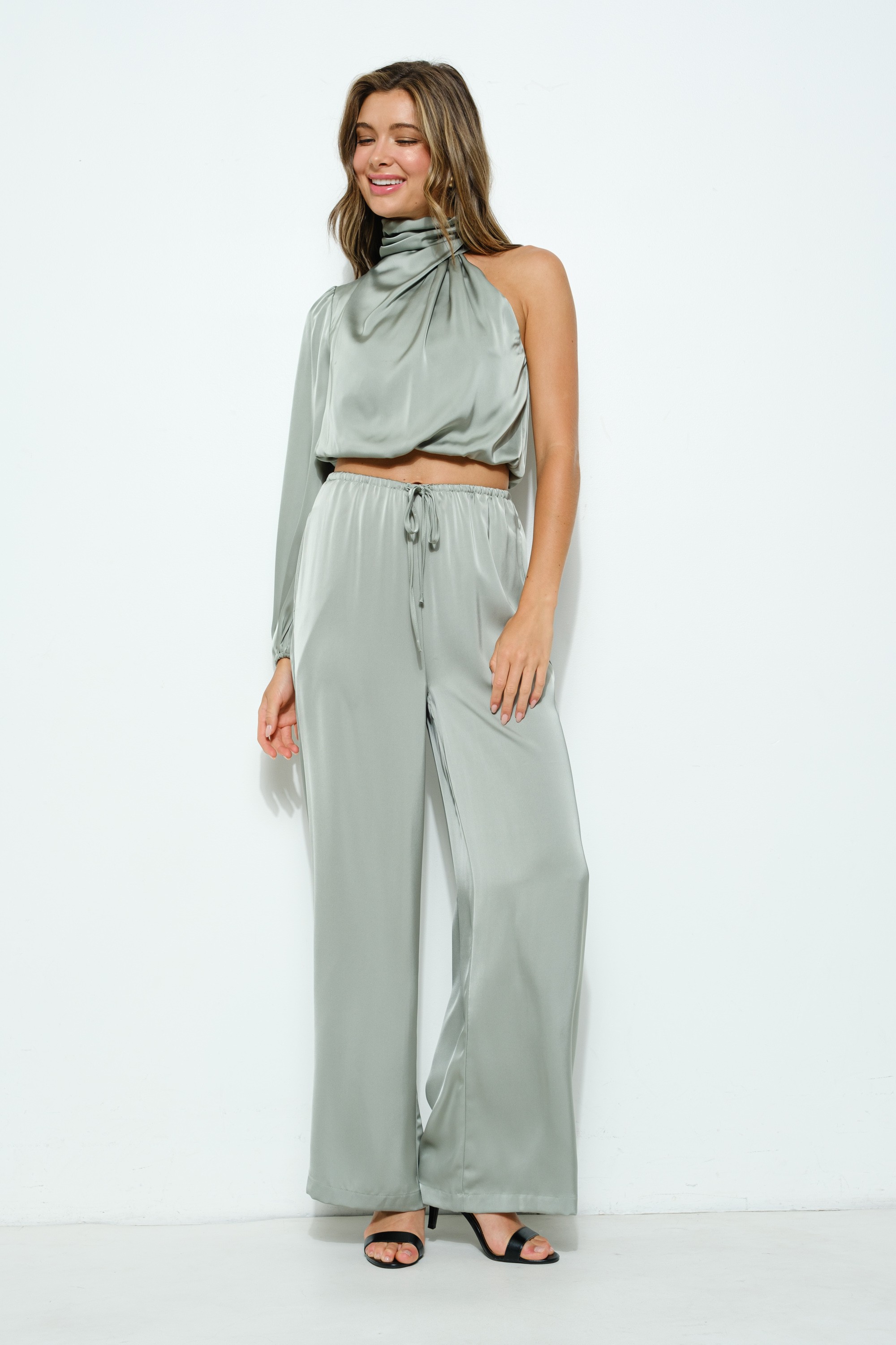 Satin Elasticized Waist Self-tie Drawstring Pants #23686411
