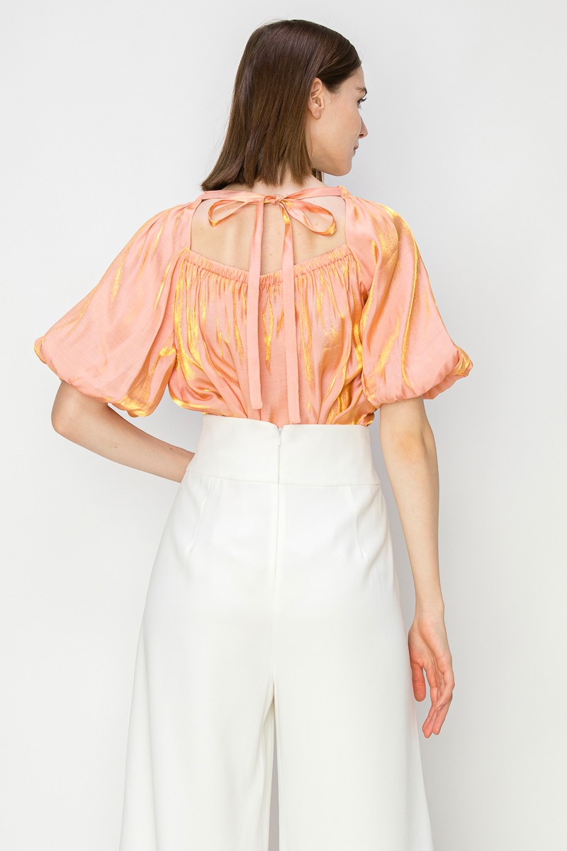 Satin Puff Balloon Sleeves Blouse Top #23108197