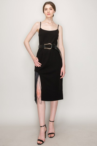 Sleeveless Side Slit Fringe Midi Dress #23549658