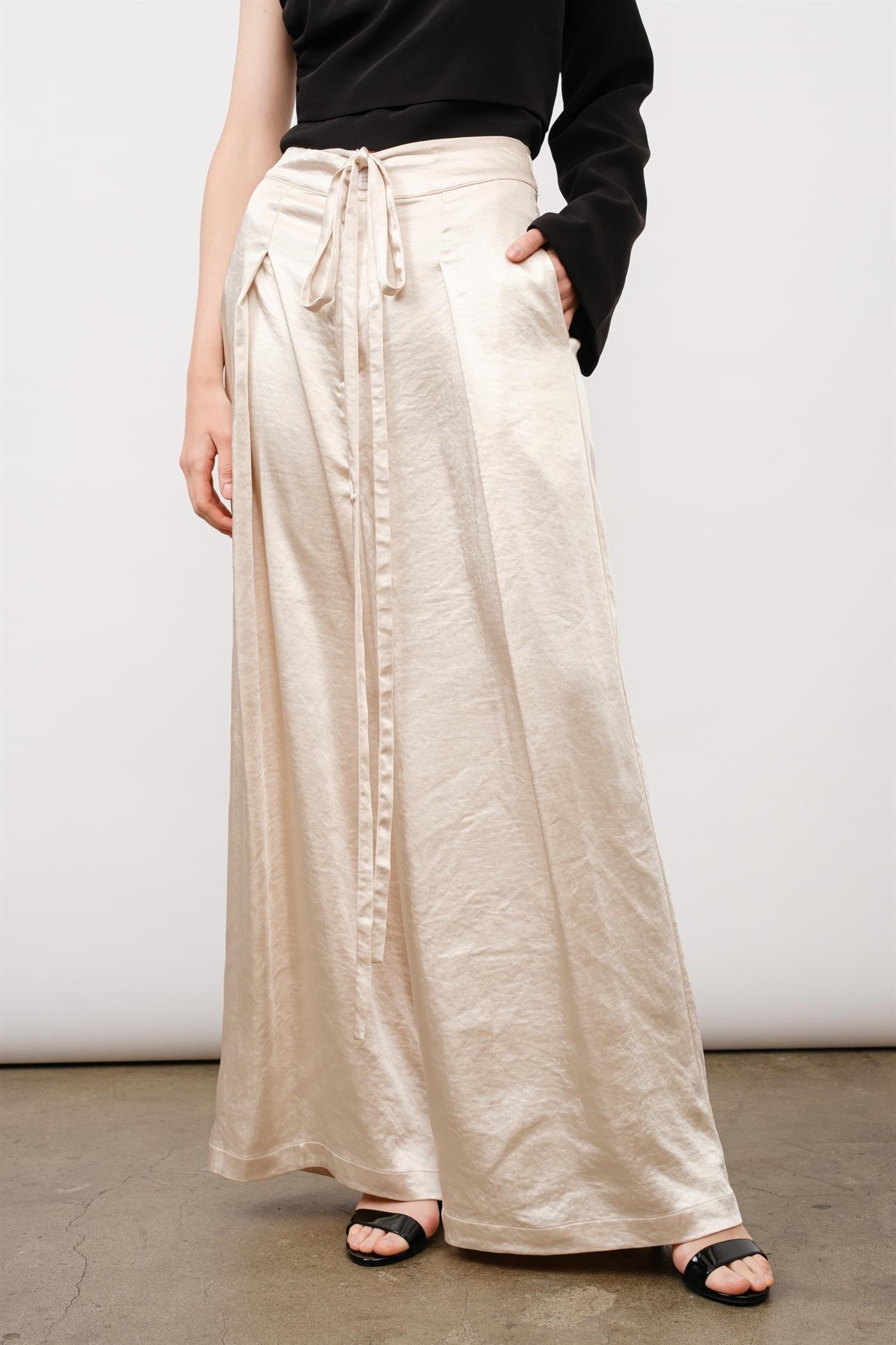 Satin High Waist Front Pintuck Wide Pants #23550954