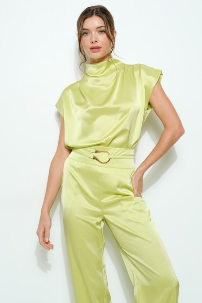 Satin Draped High-neck Cap-sleeve Top #23691171