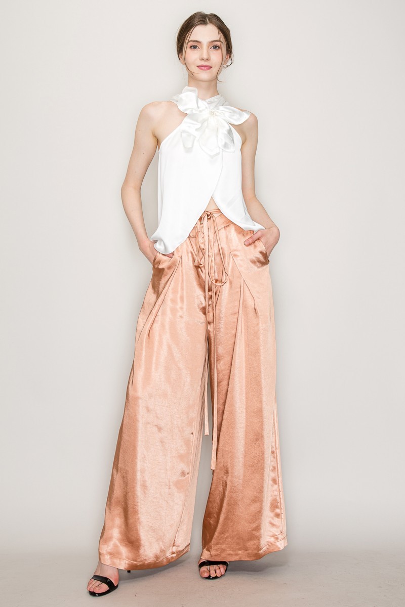 Satin High Waist Front Pintuck Wide Pants #23550954