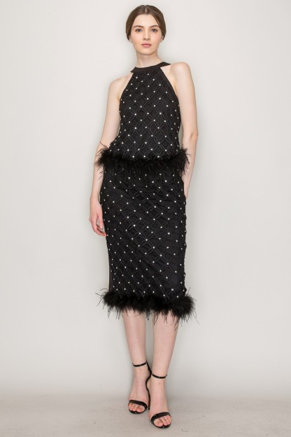 Rhinestone Feather Trimmed Chocker Neck Top #23125528