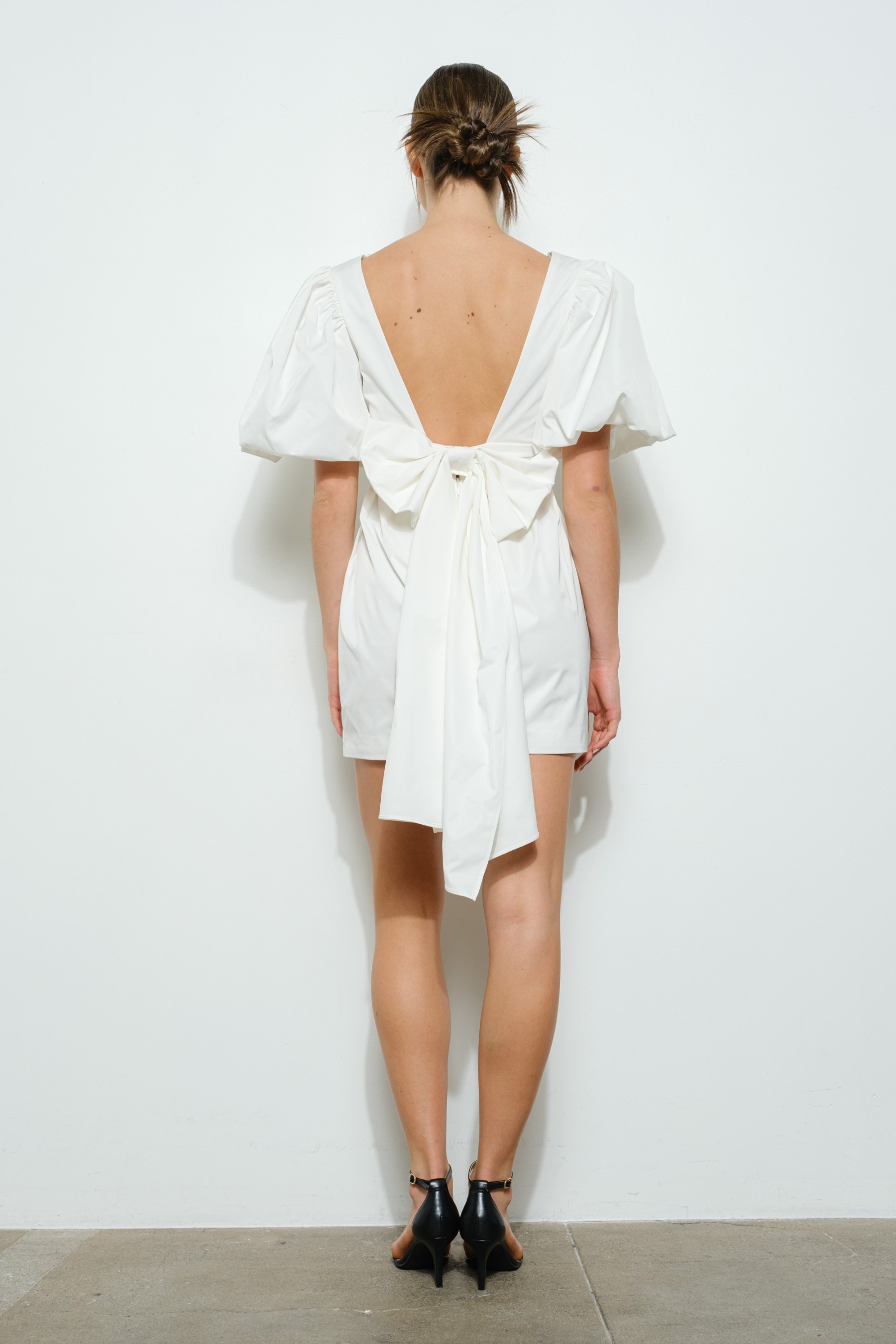 Short Puff Sleeve Open Back Bow Mini Dress #23578428