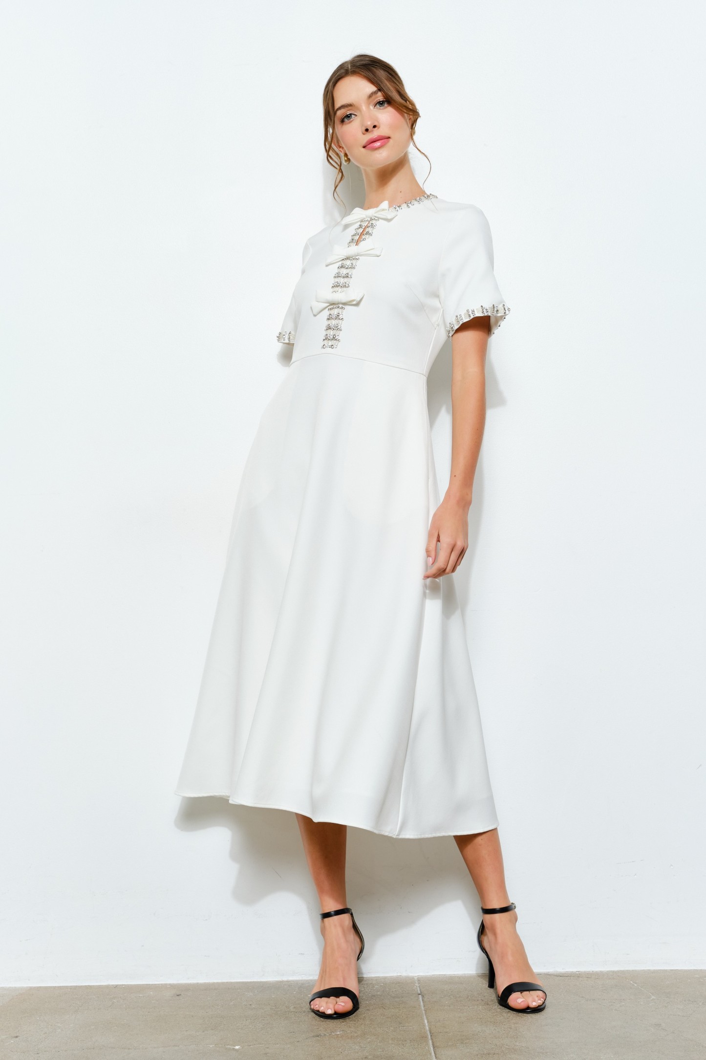 Short Sleeve Embellished Bow Midi Dress #23704849