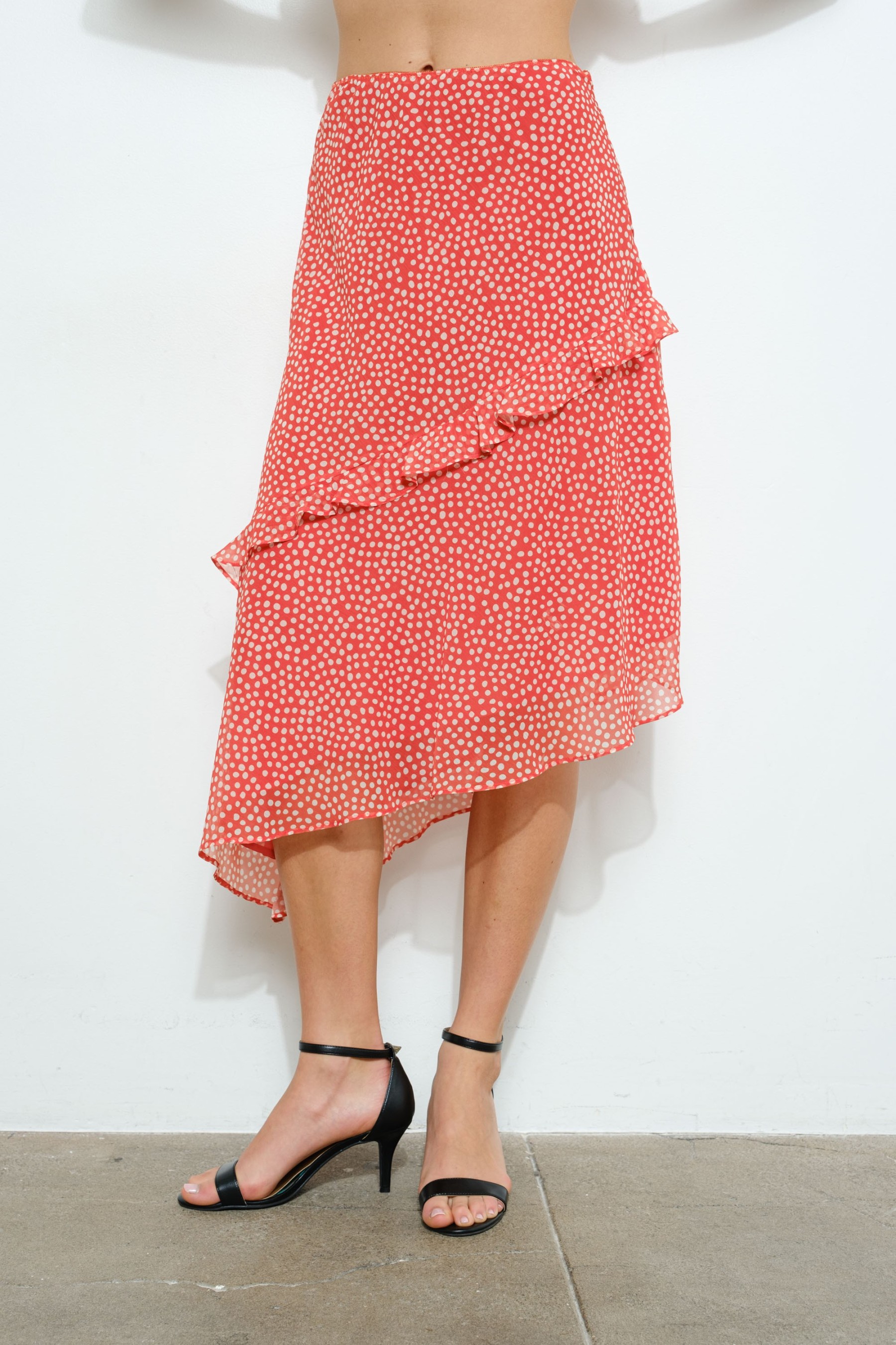 Asymmetrical Ruffled Polka Dot Midi Skirt #23514544