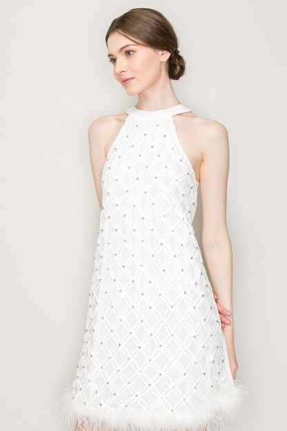 Rhinestone Feather Trimmed Chocker Neck Mini Dress #23549572