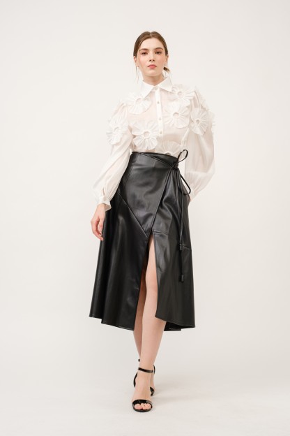 Faux Leather Wrap With Self Tie Midi Skirt #22889752