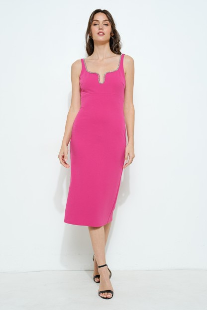 Embellished Neckline Bodycon Midi Dress #23600089