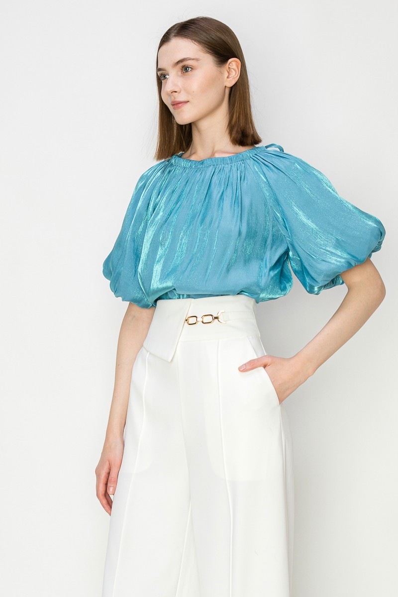 Satin Puff Balloon Sleeves Blouse Top #23108197