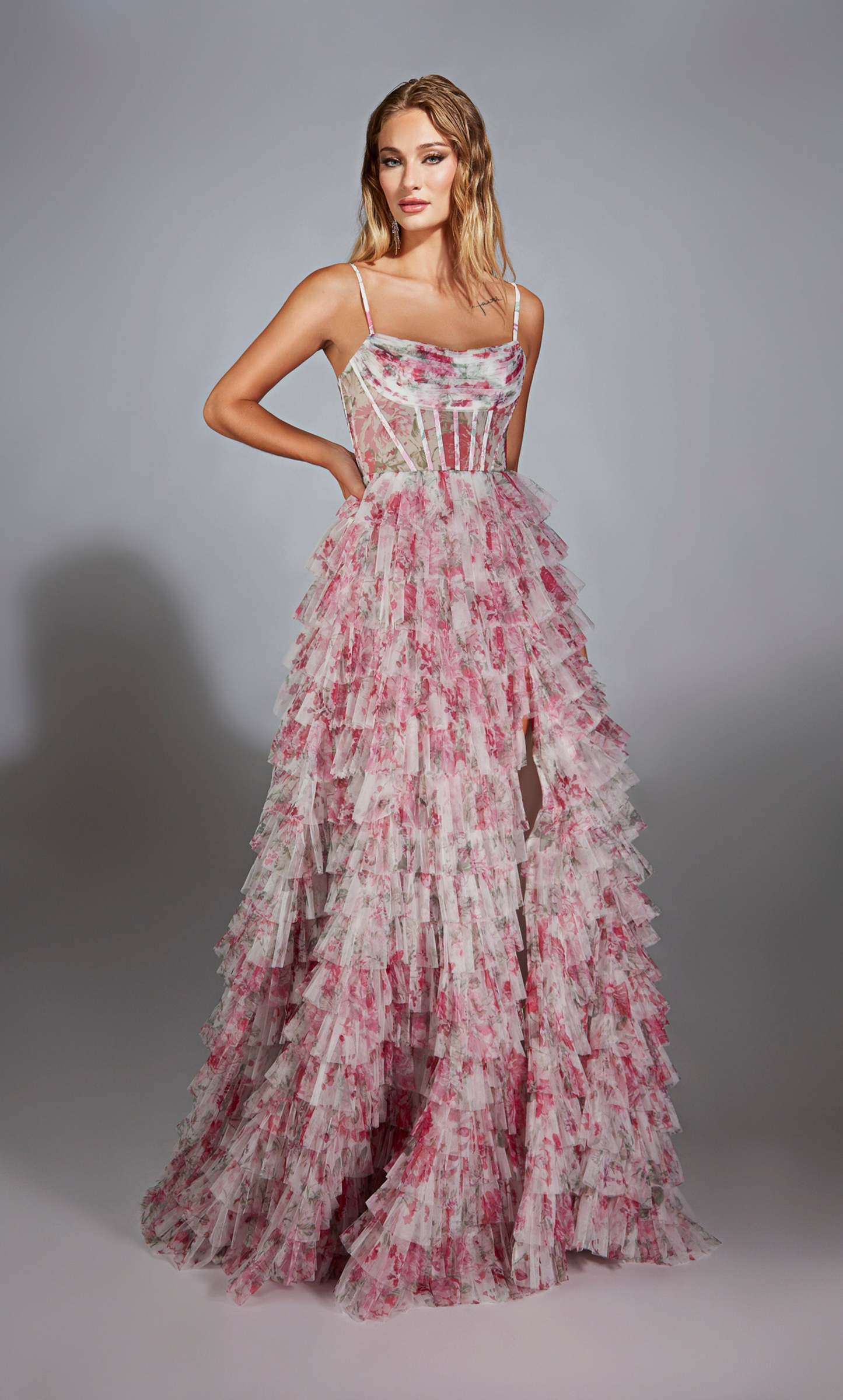 A-line Cowl Mesh Print Ruffles Corset Prom Dress #61732