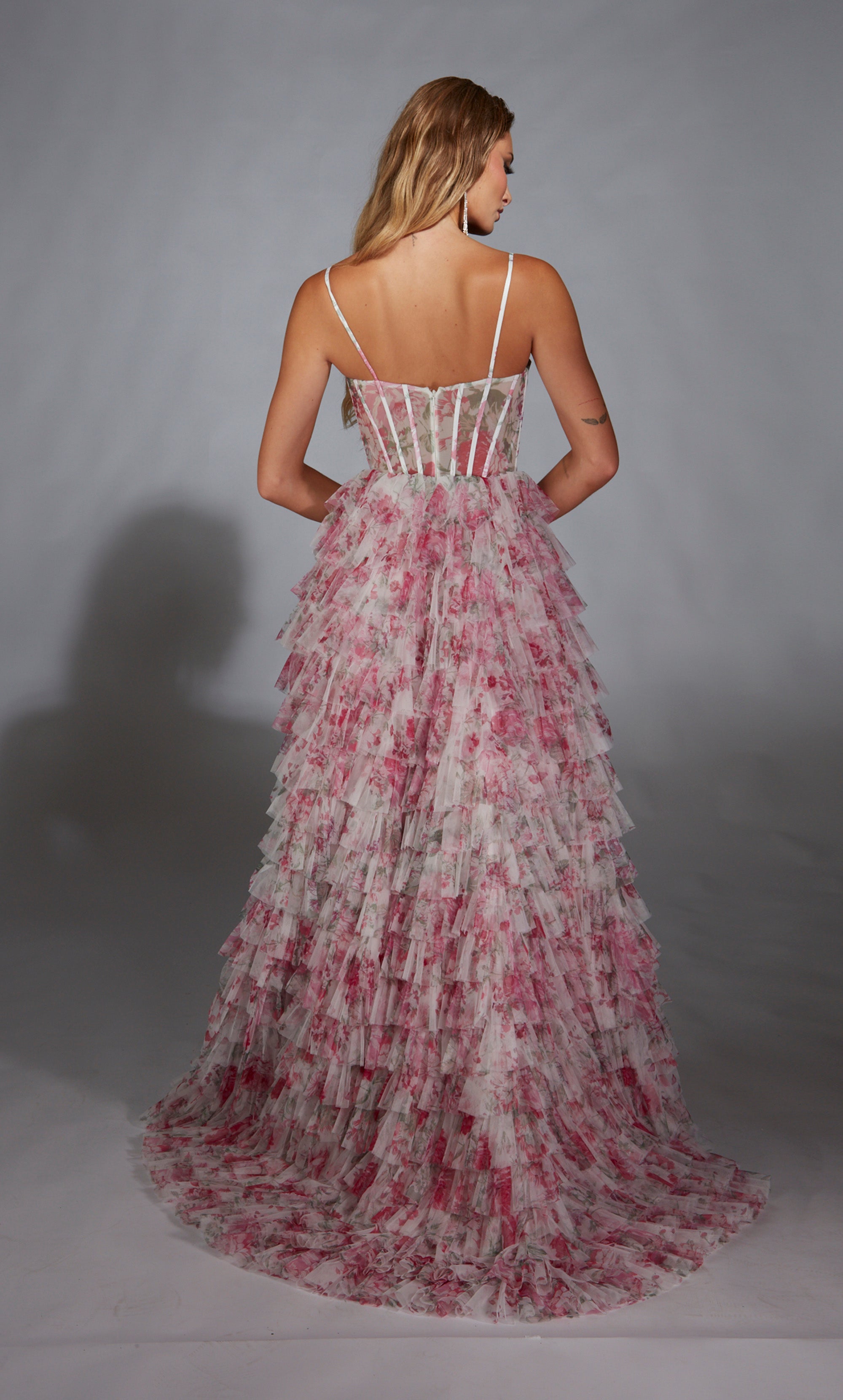 A-line Cowl Mesh Print Ruffles Corset Prom Dress #61732